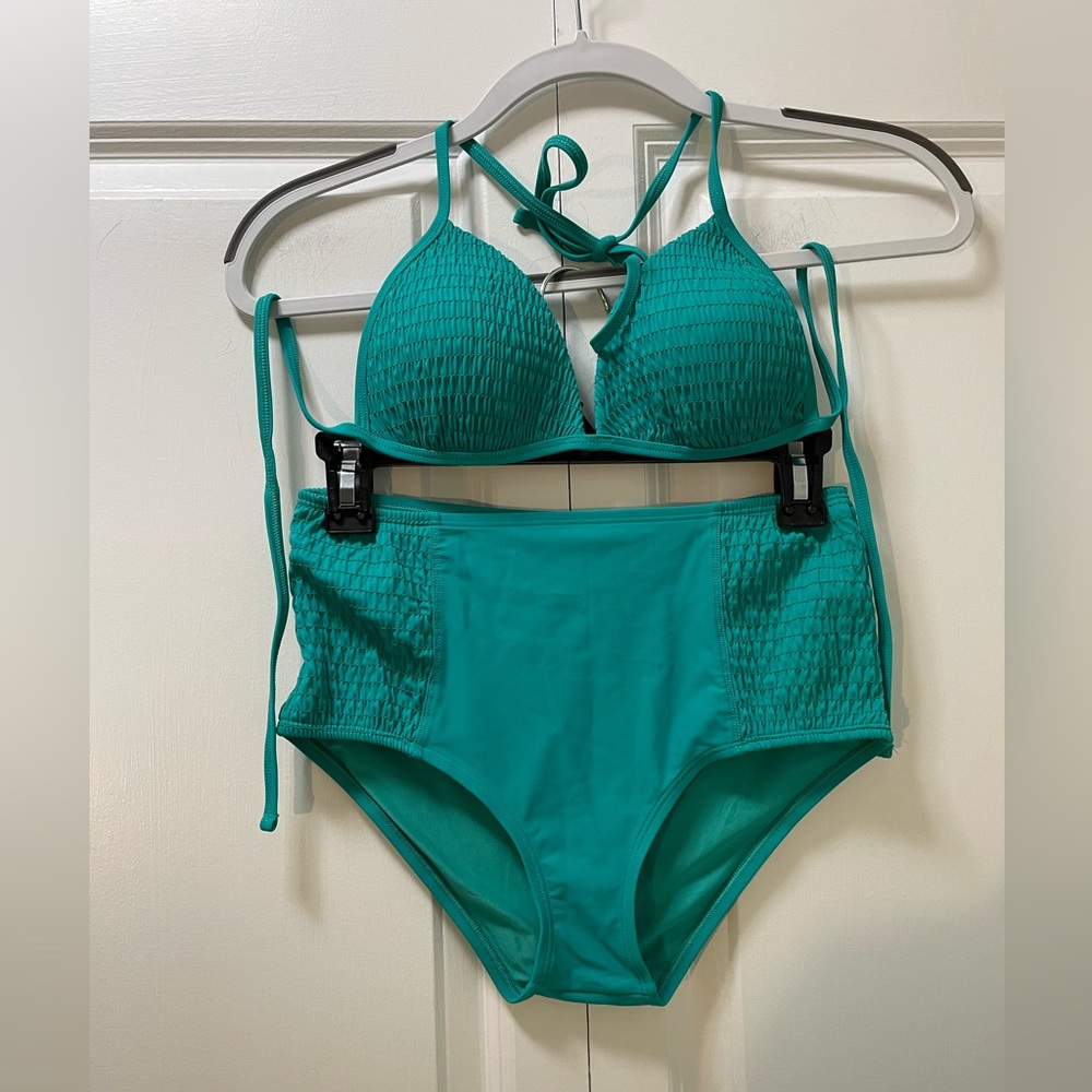 Aerie Women’s Small Bikini Perky Triangle Top & Hi- Rise Bottoms, Teal, Textured